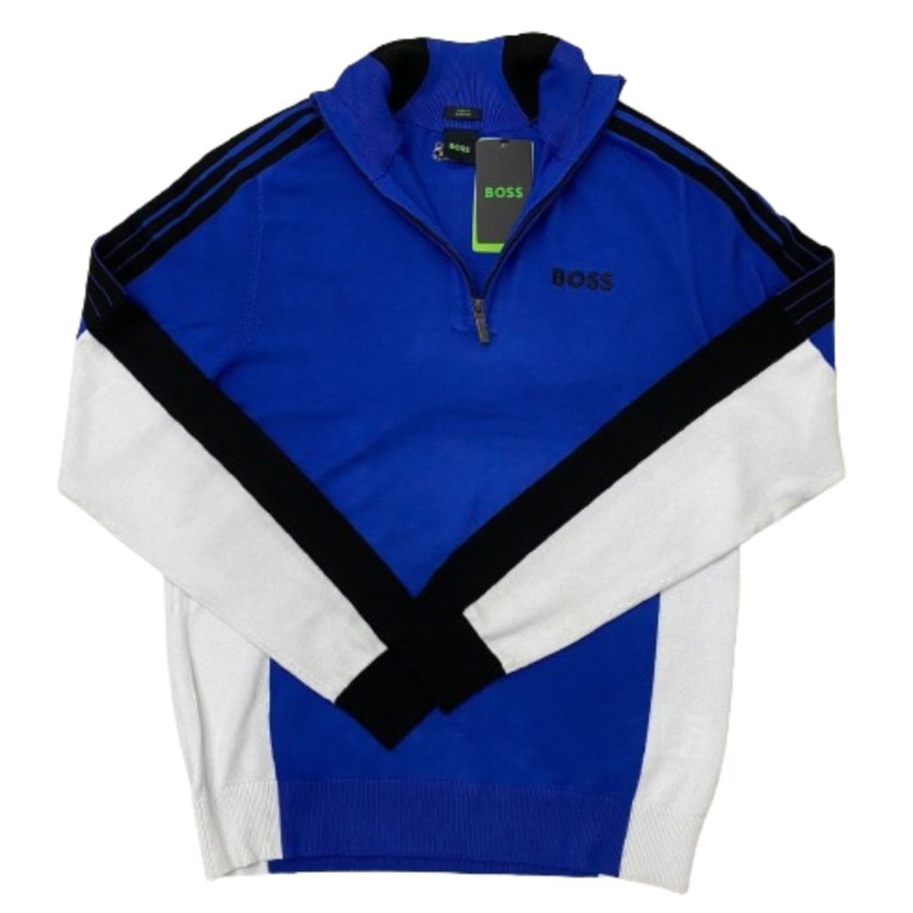 NWT Hugo Boss Men's Cotton Zip Neck Sweater With Color-Blocking Blue S - XXL